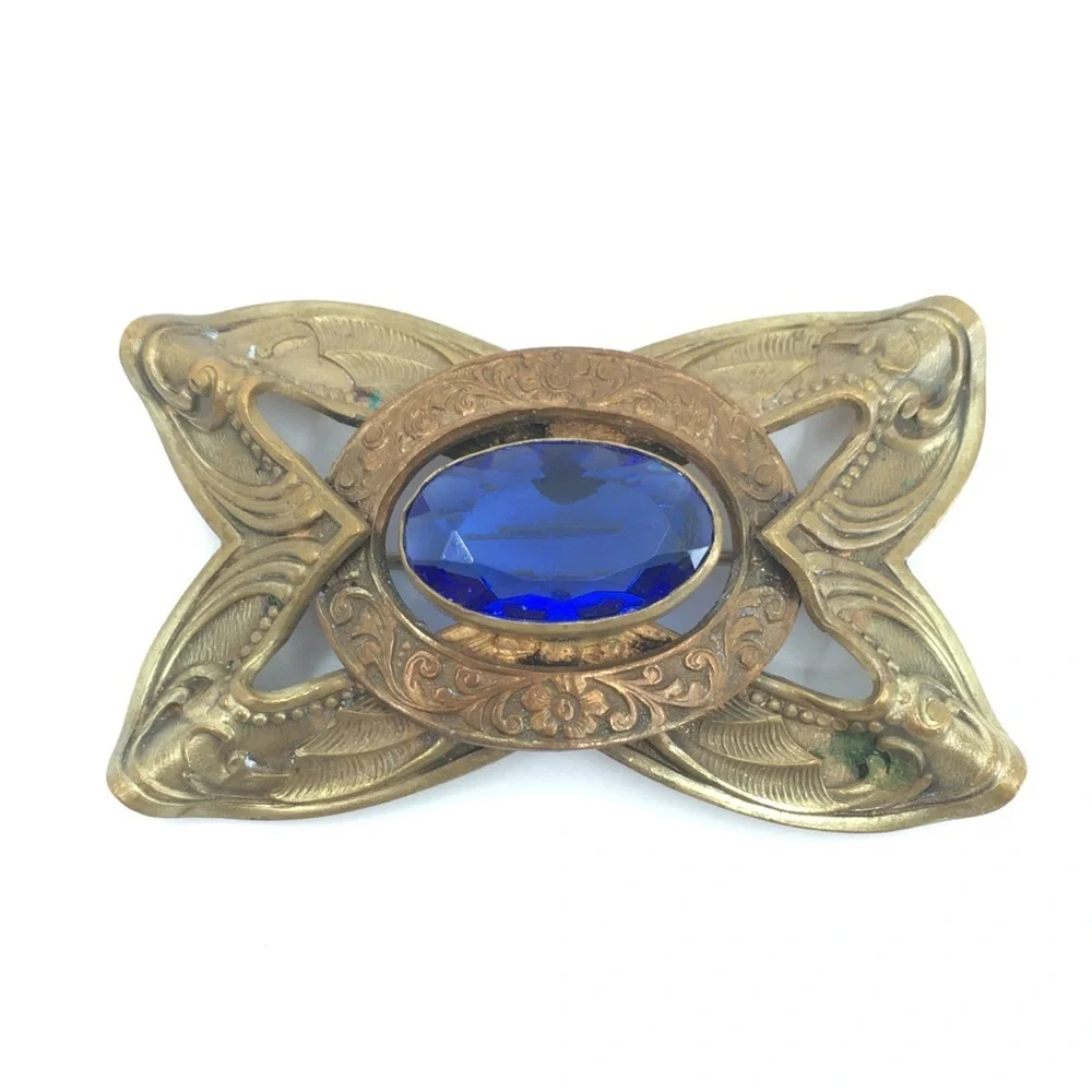 Antique Victorian Brass Bronze Blue Glass Brooch Pin Old Estate Costume Jewelry